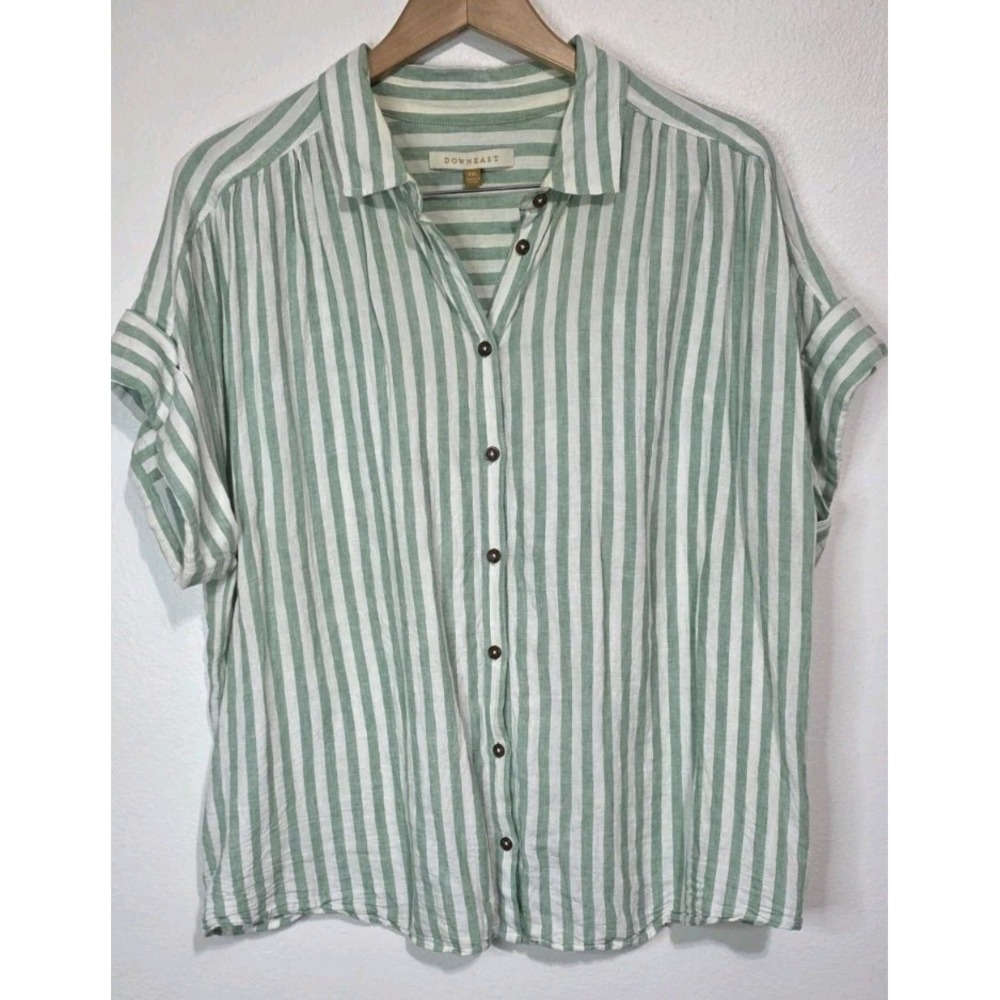 Downeast Shirt XXL Button Up Green Ivory Stripe Cuff Short Sleeve Linen Cottage